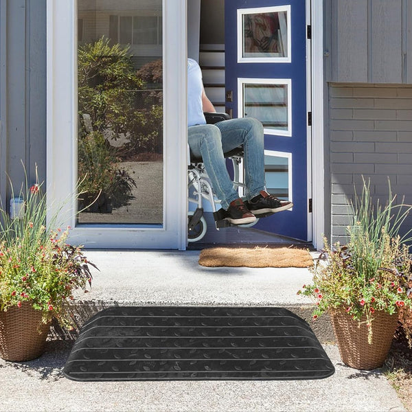 3 inch, 3.5 inch, or 4 inch rubber threshold ramp By front entrance single step example