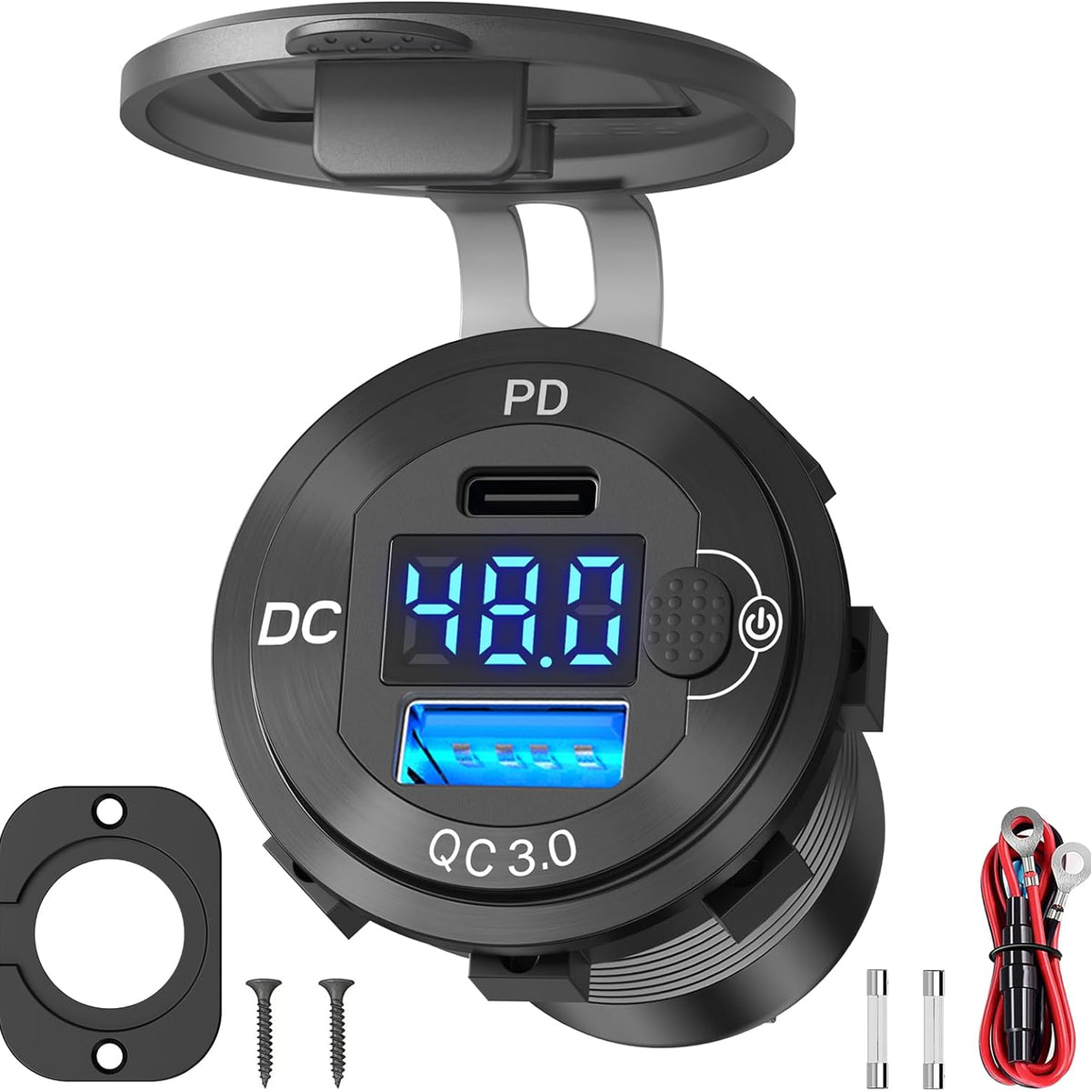A black DC-Direct wall outlet with a digital display showing voltage, featuring USB-C PD 3.0 and QC 3.