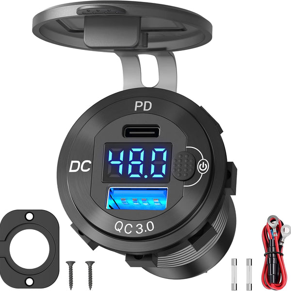 A black DC-Direct wall outlet with a digital display showing voltage, featuring USB-C PD 3.0 and QC 3.
