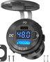 A black DC-Direct wall outlet with a digital display showing voltage, featuring USB-C PD 3.0 and QC 3.