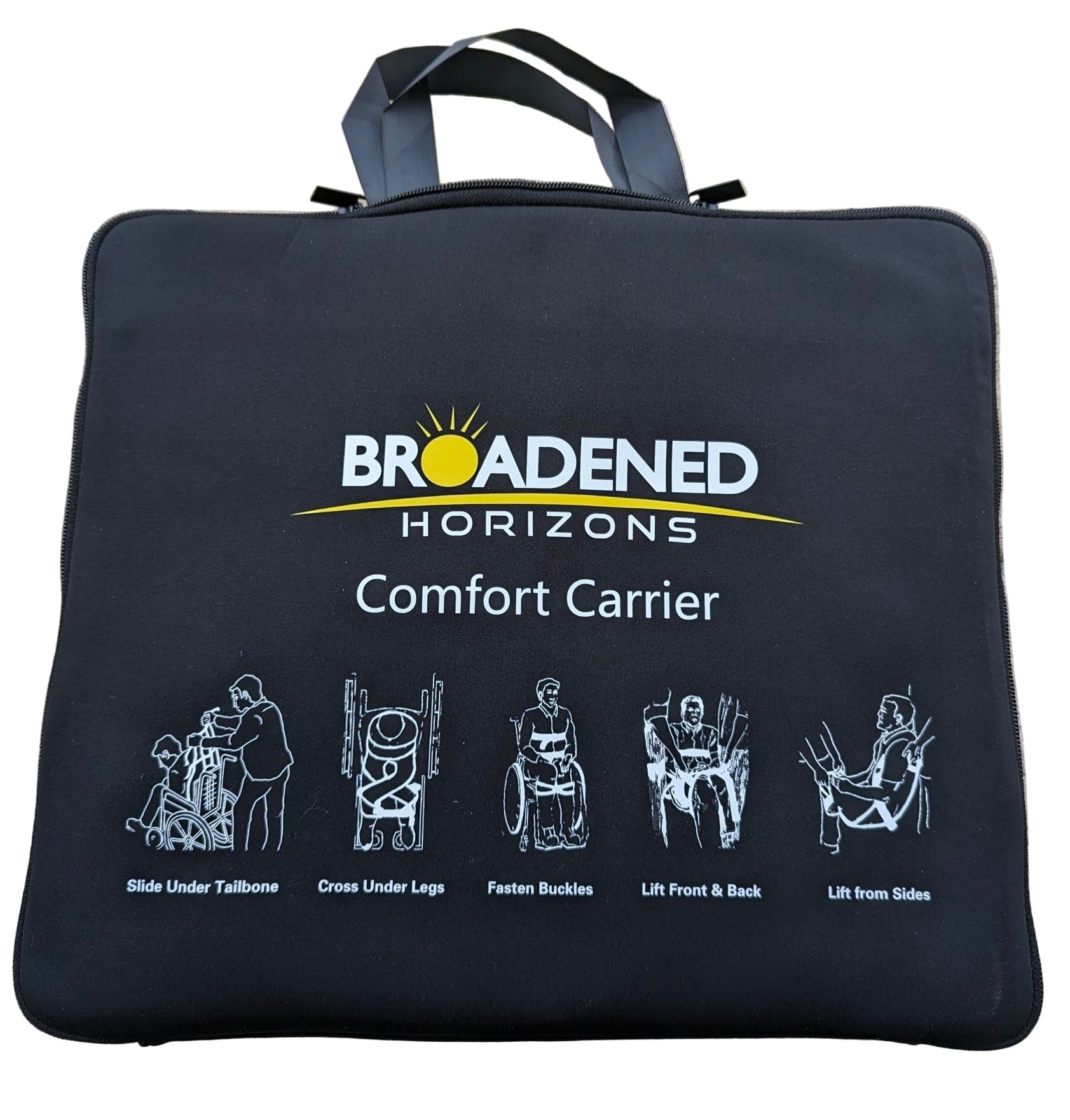 Black comfort carrier tote bag with silkscreen printed instructions