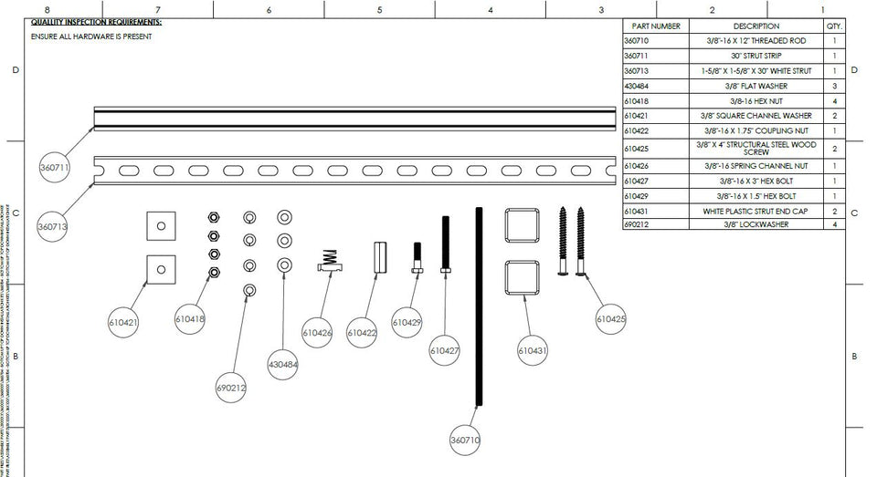 360704 Homecare Hardware Kit Components- 1 for every 2' of track mount track parallel to trusses