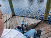 Hands-on Adjustable, Hinged Fish Fighting Rod Holder for Wheelchair Seat -  Marks perspective in wheelchair on dock,  Rod handle cut