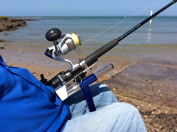 Hands-on Adjustable, Hinged Fish Fighting Rod Holder for Wheelchair Seat -   great mounting example reel  upside down shortened handle