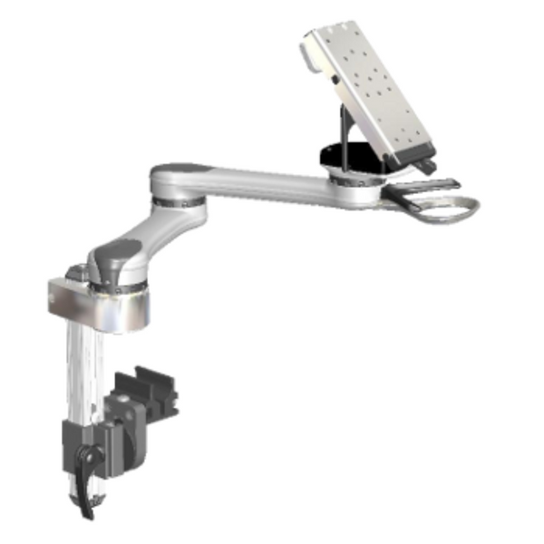 Mount'n Mover - Dual Arm +Locking Tilt +Quick Release Plate - shown with required Vertical post, required Wheelchair mounting bracket, and Optional wheelchair tubing clamp