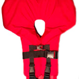 Red life jacket with black straps on a white background
