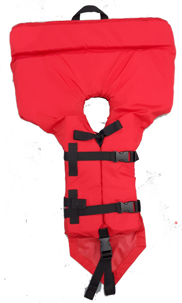 Red life jacket with black straps on a white background