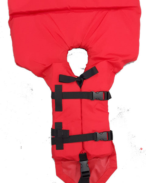 Red life jacket with black straps on a white background
