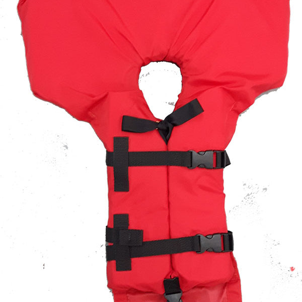 Red life jacket with black straps on a white background