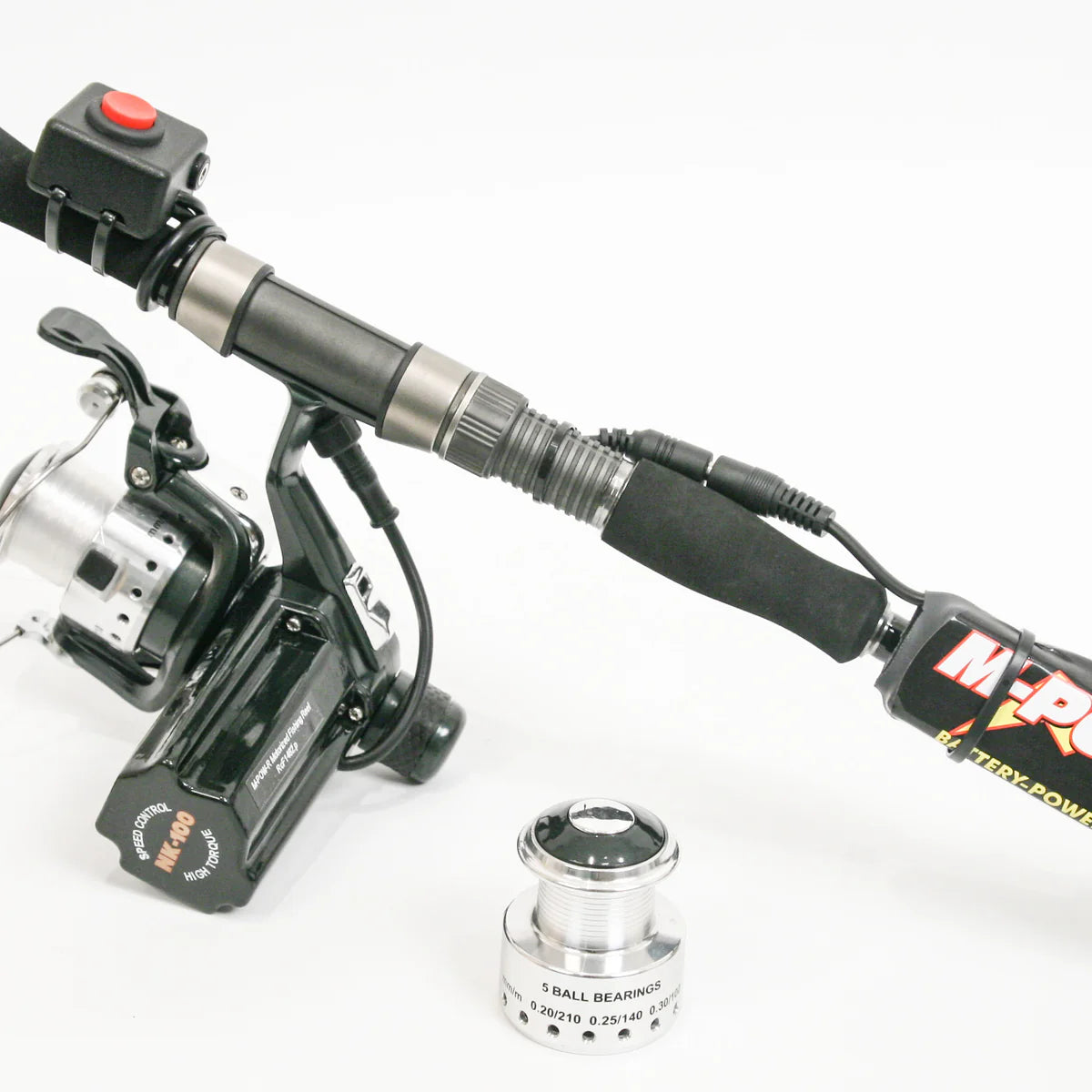 One-Handed Fishing Bundle - Electric Variable-Speed Fishing Reel, Controls, Li-Battery, Graphite Rod, & Tackle - Inclusive Inc