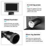 Product features including a 4.3-inch screen, infrared illuminator, and 45mm ring diameter on a white background.
