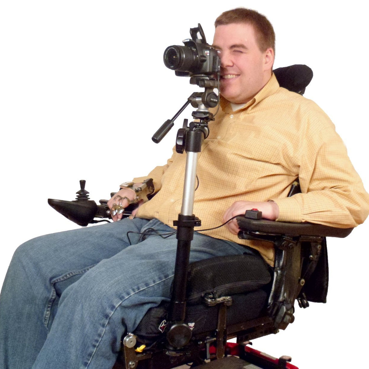 Camera Motorized Pan & Tilt Tripod Head on Robo Arm Wheelchair Mount  DSLR Camera Close To eye