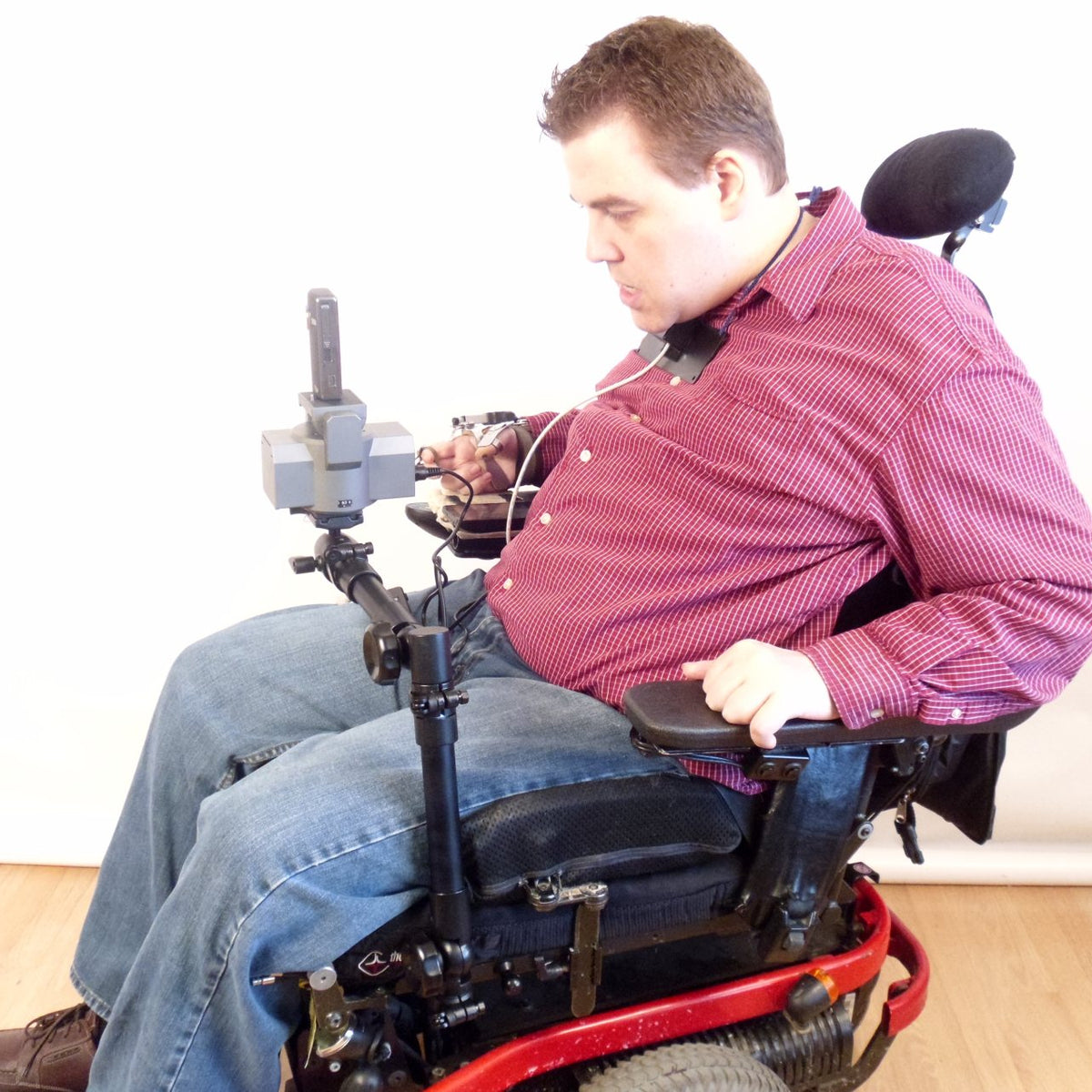 Camera Motorized Pan & Tilt Tripod Head on Robo Arm Wheelchair Mount  Using Chin Joystick
