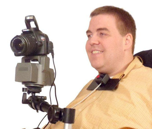 Camera Motorized Pan & Tilt Tripod Head on Robo Arm Wheelchair Mount With Chin Joystick And Click Button